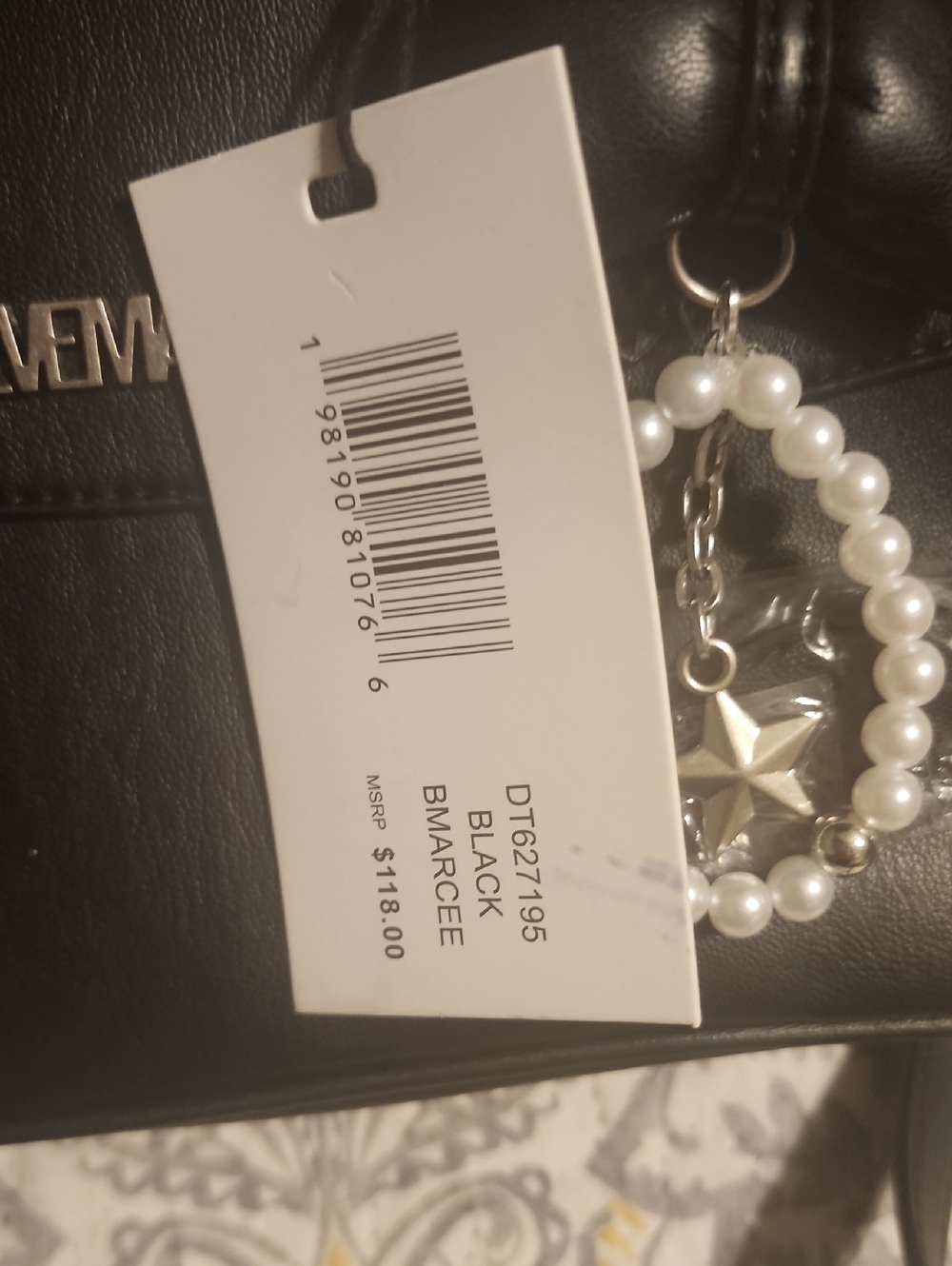 Steve Madden Black Satchel with Pearl Dangle and Bow Charm - Picture 6 of 9
